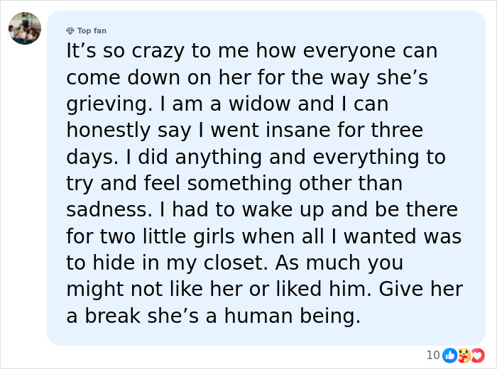 A top fan's comment defending Erika Kirk's grieving process after Charlie's passing. A top fan's comment defending Erika Kirk's grieving process after Charlie's passing.