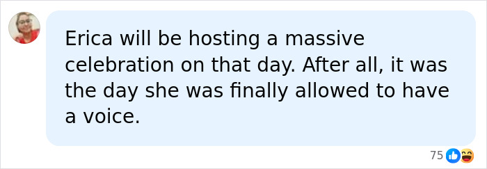 A social media comment stating Erica will be hosting a massive celebration, as she was allowed to have a voice after Charlie’s passing. A social media comment stating Erica will be hosting a massive celebration, as she was allowed to have a voice after Charlie’s passing.