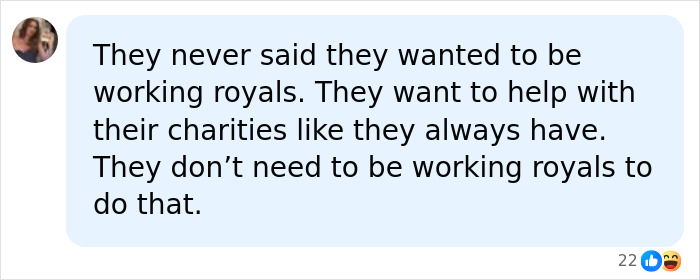 A social media comment discussing Harry and Meghan's desire to help with charities, not be working royals. A social media comment discussing Harry and Meghan's desire to help with charities, not be working royals.