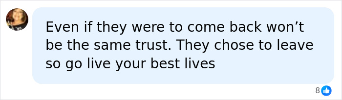 A social media comment about Harry and Meghan's return, stating that trust would be gone. A social media comment about Harry and Meghan's return, stating that trust would be gone.