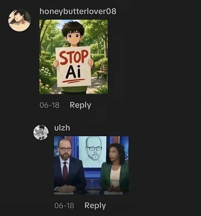 Edgy memes displaying a thread with an AI art boy holding a sign that says Stop AI