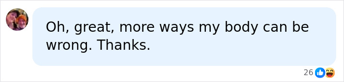 A social media comment expressing, "Oh, great, more ways my body can be wrong. Thanks." regarding the ideal breast shape.