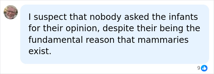 A social media comment questions whether infants were asked about breast shape, relating to natural function.