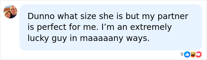 A social media comment states a partner's breast shape is perfect for him, highlighting subjective beauty.