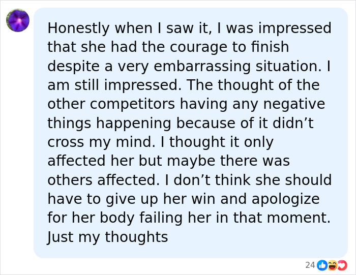 A social media comment praising the HYROX athlete for courage to finish race despite soiling herself, facing backlash.