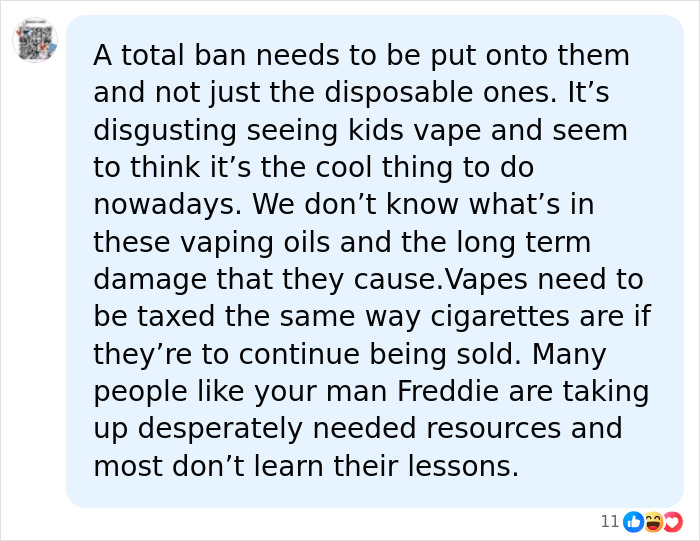 A comment advocating for a ban on vaping to prevent health scares and protect teens. A comment advocating for a ban on vaping to prevent health scares and protect teens.
