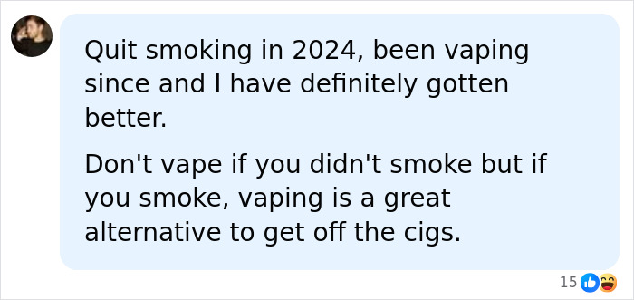 A comment contrasting vaping and smoking, suggesting vaping as an alternative to quit smoking but warning against teen vaping. A comment contrasting vaping and smoking, suggesting vaping as an alternative to quit smoking but warning against teen vaping.