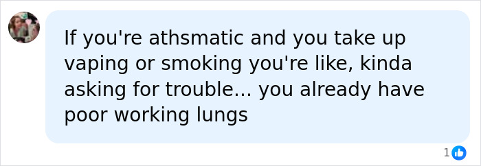 A comment discussing the health risks of teen vaping for asthmatics. A comment discussing the health risks of teen vaping for asthmatics.