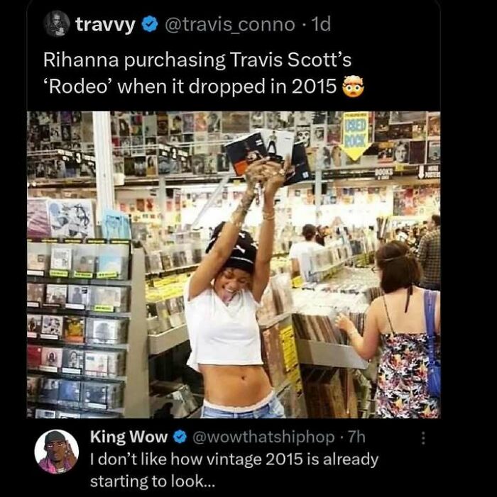 A social media post with hilarious memes joking about 2015 music store photos looking vintage already