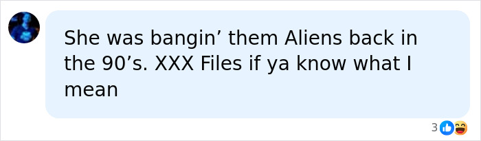A social media comment linking Gillian Anderson's pansexual reveal to her career in The X-Files, referencing 'Aliens' and 'XXX Files'. A social media comment linking Gillian Anderson's pansexual reveal to her career in The X-Files, referencing 'Aliens' and 'XXX Files'.