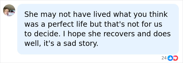 Screenshot of a social media comment wishing recovery for Emily Willis, paralyzed actress, in her 'locked-in' state.