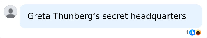A social media comment humorously suggesting the blacked out island is Greta Thunberg's secret headquarters, enhancing the island's mystery.