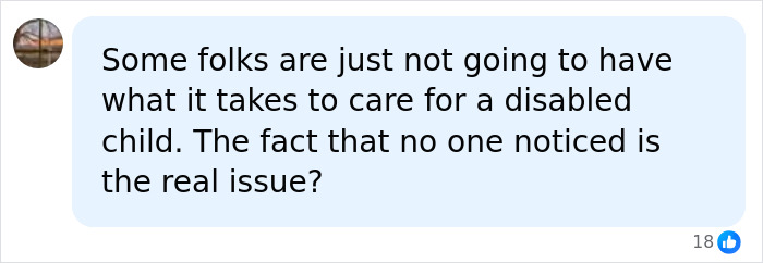 Screenshot of a social media comment saying, 'Some folks are just not going to have what it takes to care for a disabled child. The fact that no one noticed is the real issue?'