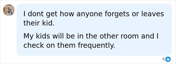 Screenshot of a social media comment, 'I don't get how anyone forgets or leaves their kid. My kids will be in the other room and I check on them frequently.'