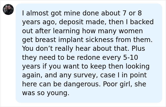 A social media comment explaining the dangers of breast implant sickness and the risks of undergoing surgery.