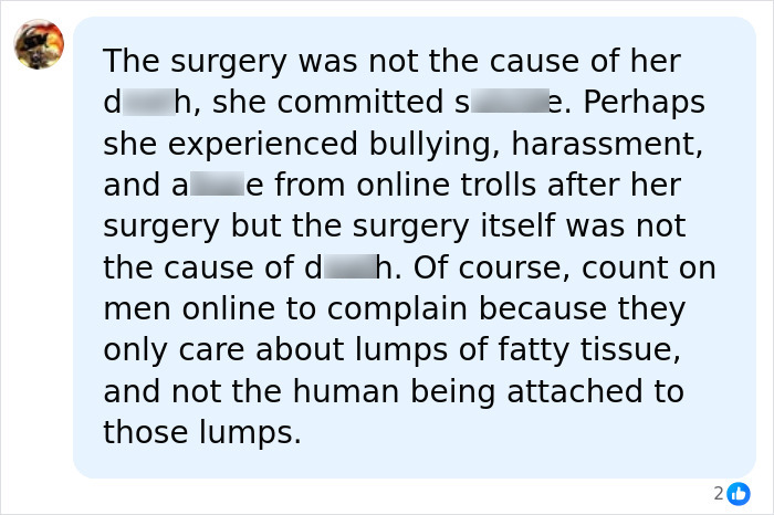 Online comment discussing a tragic turn following an influencer's surgery.