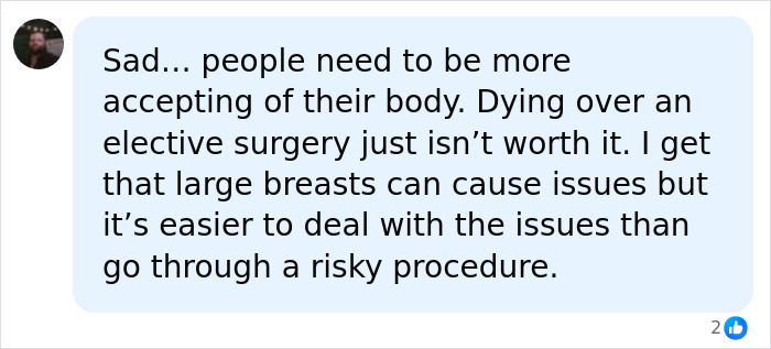A social media post about body acceptance and how elective surgery is a risky procedure that is not worth the danger.