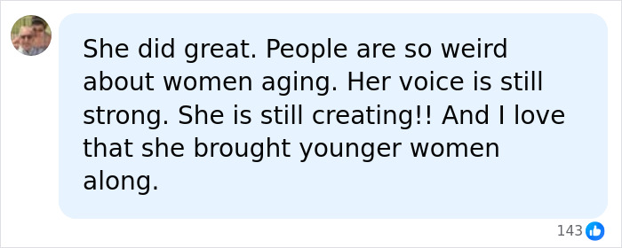 A user comment defending her performance and aging in reference to the Madonna VMAs Performance. A user comment defending her performance and aging in reference to the Madonna VMAs Performance.