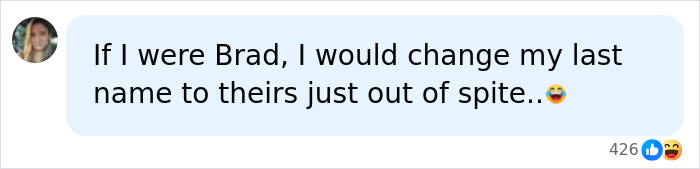 A social media comment discussing Brad Pitt and his kids changing their last name.