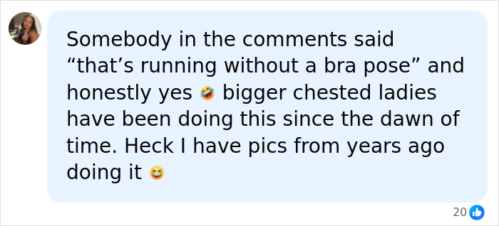 Social media comment explaining running without a bra pose Social media comment explaining running without a bra pose