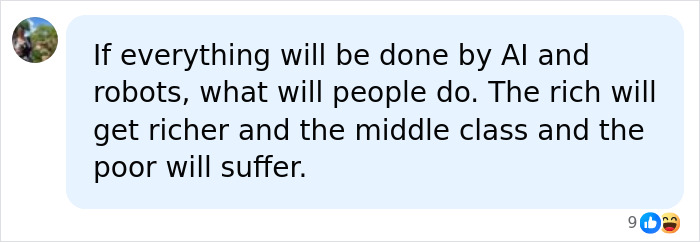 A social media comment about AI warning, speculating about jobs and wealth distribution due to AI. A social media comment about AI warning, speculating about jobs and wealth distribution due to AI.