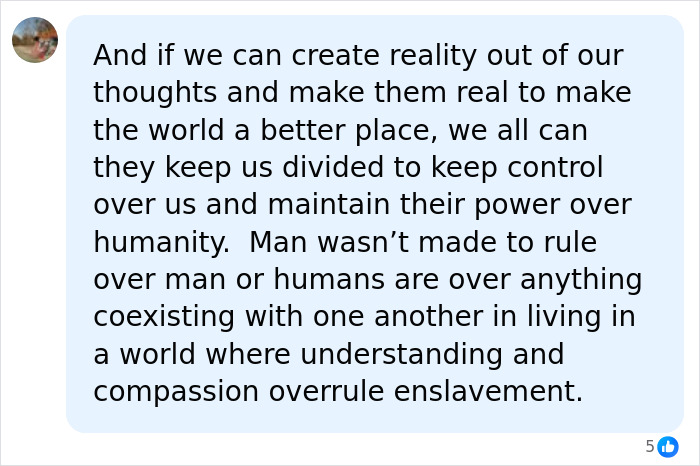 A social media comment expressing concern about AI's potential to divide humanity and maintain control. A social media comment expressing concern about AI's potential to divide humanity and maintain control.