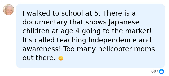 Screenshot of a social media comment regarding a mom's naive act with her 5-year-old son, discusses child independence. Screenshot of a social media comment regarding a mom's naive act with her 5-year-old son, discusses child independence.