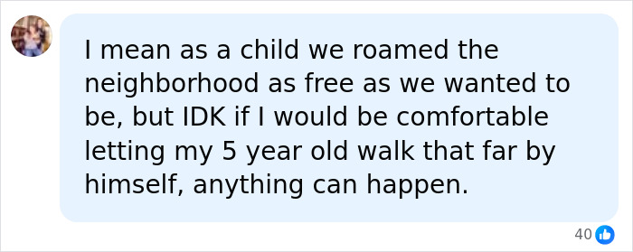 A comment on a story about a mom's act with her 5-year-old son getting her sentenced, discussing child freedom. A comment on a story about a mom's act with her 5-year-old son getting her sentenced, discussing child freedom.