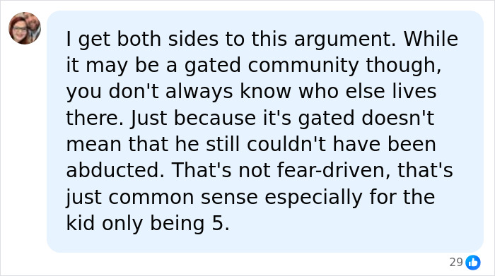 A comment on a story about a mom's act with her 5-year-old son getting her sentenced, about gated communities and abduction. A comment on a story about a mom's act with her 5-year-old son getting her sentenced, about gated communities and abduction.