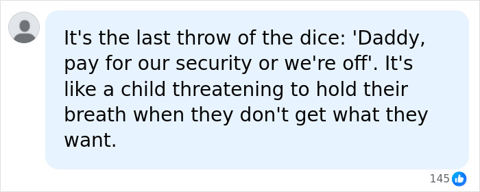 Comment compares security demands to a child's threat regarding Prince Harry