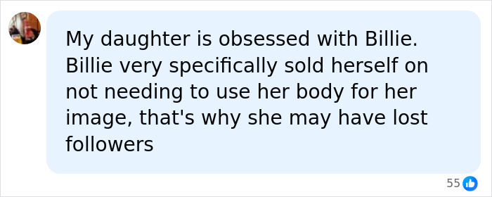 Social media comment explaining why Billie Eilish lost Instagram followers because of her body image.