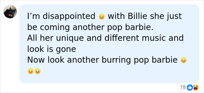 Disappointed fan comment calling Billie Eilish a pop barbie after she loses followers on Instagram.
