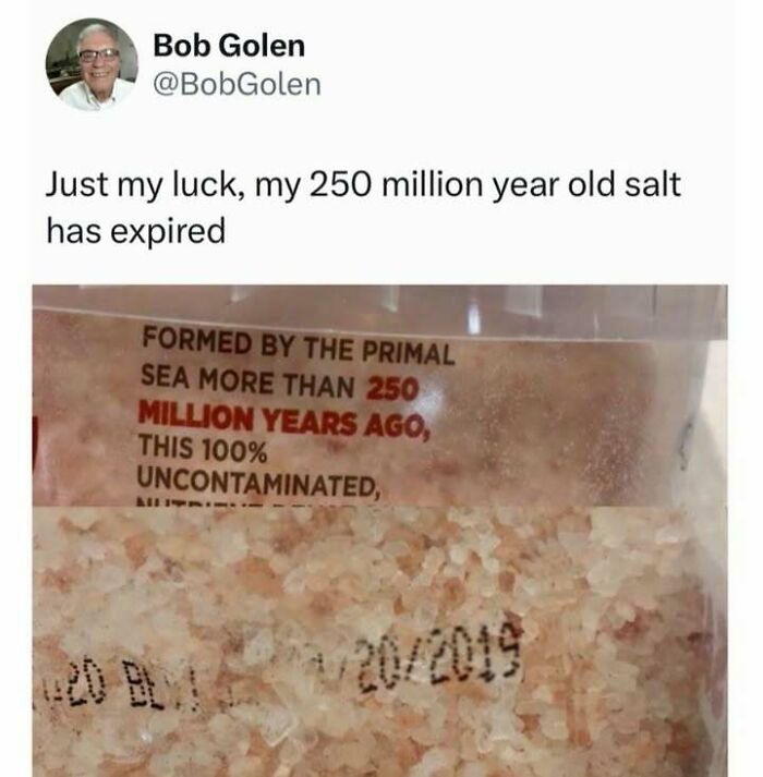 Hilarious memes about a 250 million year old salt package that has expired.