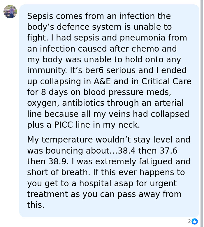 Detailed social media comment about a personal experience with severe sepsis symptoms after chemo.