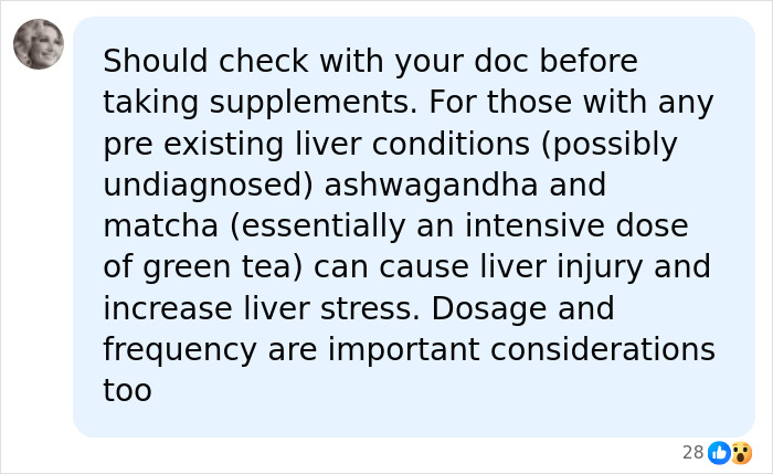 A social media post advising caution with ashwagandha gummies due to potential liver injury and increased liver stress.