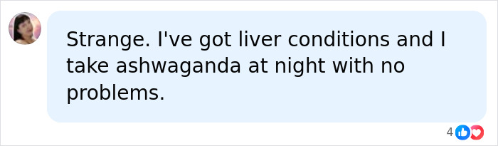 A social media post on ashwagandha gummies, with a user stating they take them despite liver conditions.