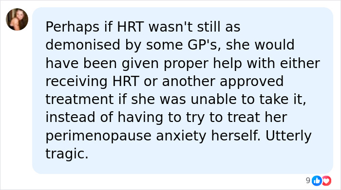 A social media comment discusses the demonization of HRT potentially leading to a mother's liver failure.