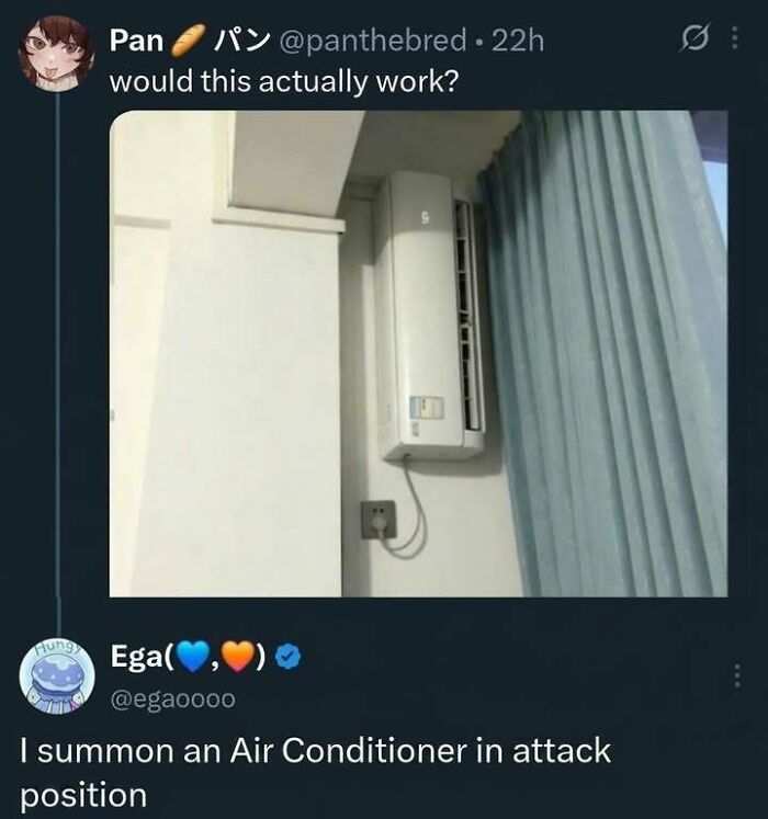 An air conditioner mounted vertically on a wall, a funny photo among hilarious memes.