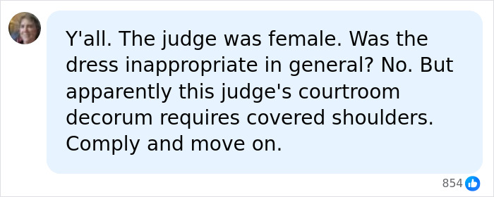 Social media comment about a judge calling out a lawyer for her dress code in the courtroom.