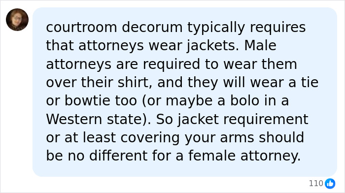 Online post about courtroom decorum and jacket requirements for a female attorney.