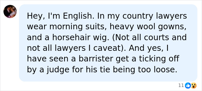 A social media comment explaining UK lawyer dress code, featuring the keyword inappropriate dress