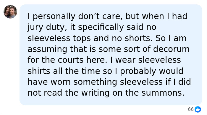 User comment regarding inappropriate dress and rules for jury duty in court.