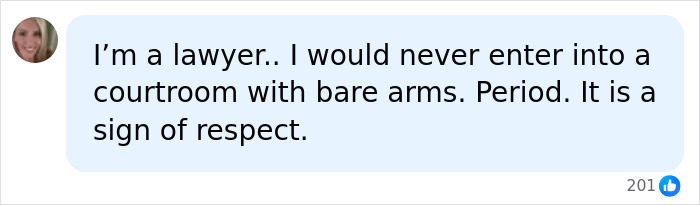 Social media post by a female colleague about lawyer dress code and bare arms.