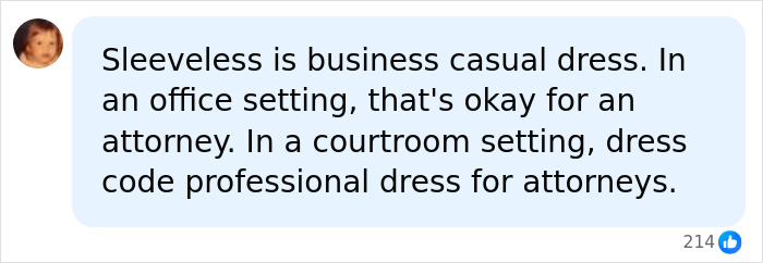 Facebook comment discussing professional dress for attorneys and business casual.