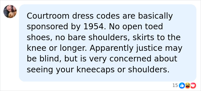 Social media comment critiquing outdated courtroom dress codes and professional dress standards