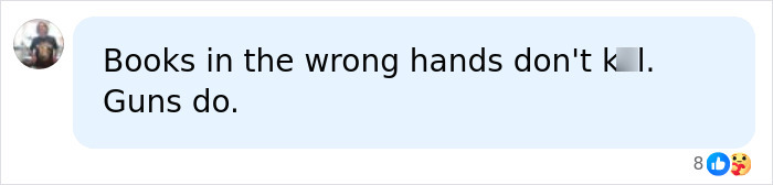 A social media comment stating that books don't k**l, but guns do, in relation to Stephen King's pulled book. A social media comment stating that books don't k**l, but guns do, in relation to Stephen King's pulled book.