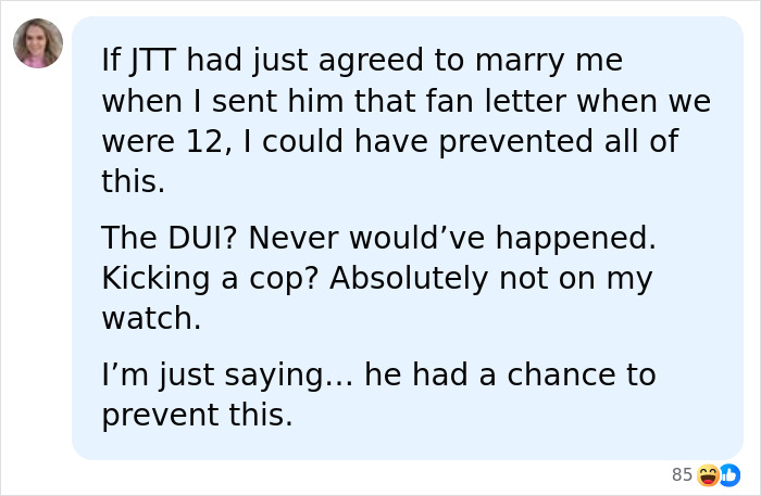 Social media comment joking about how marrying Jonathan Taylor Thomas could have prevented his arrest.