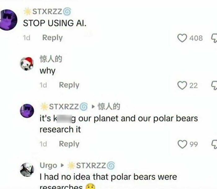 An online comment section discussing AI and polar bears in hilarious memes.