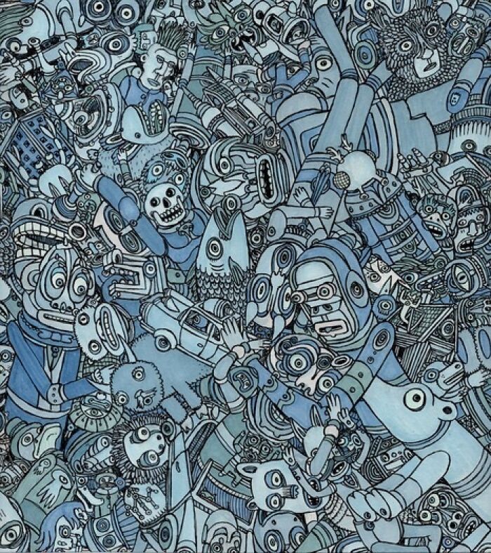 Theo Ellsworth blue-toned chaotic artwork featuring numerous fantastical creatures and robots