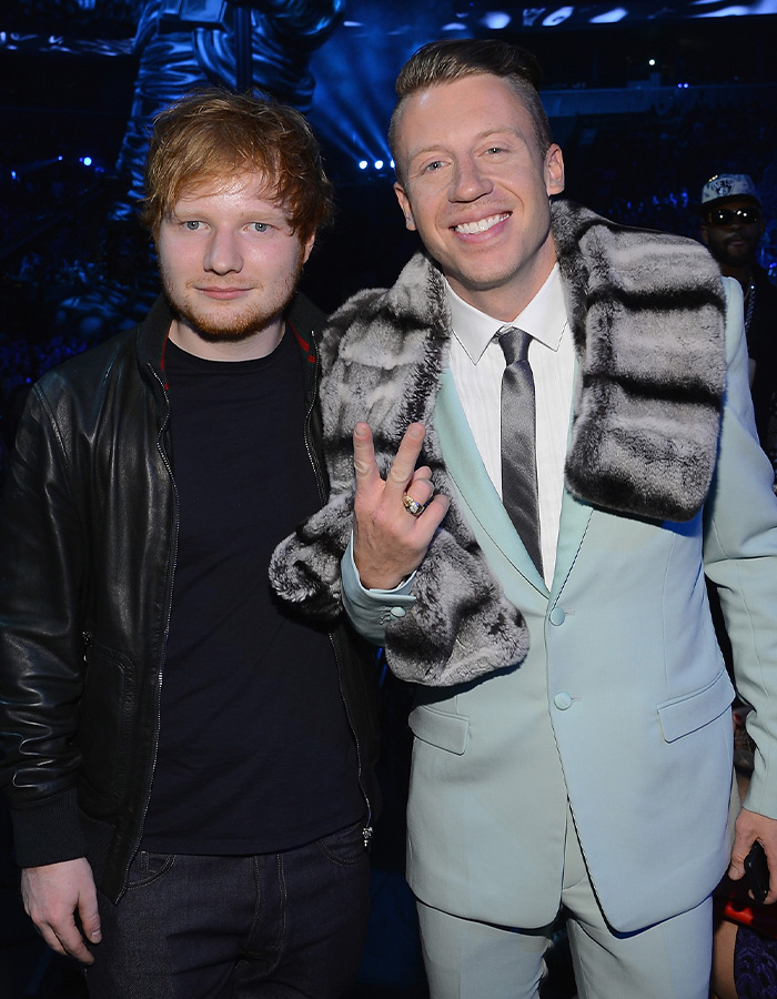 Pink addresses criticism after controversial posts. Ed Sheeran and Macklemore posing together, Macklemore in a fur stole. Pink addresses criticism after controversial posts. Ed Sheeran and Macklemore posing together, Macklemore in a fur stole.
